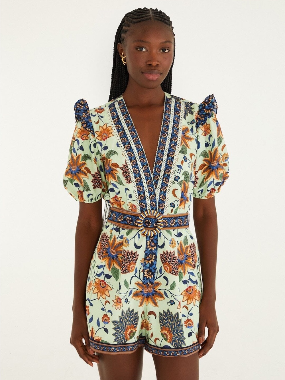 NWT FARM RIO Light Green Floral Delhi Tapestry Belted Romper